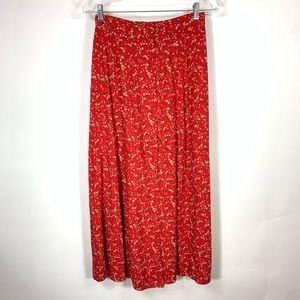 Vintage Red Floral Print Midi Skirt Sz Medium